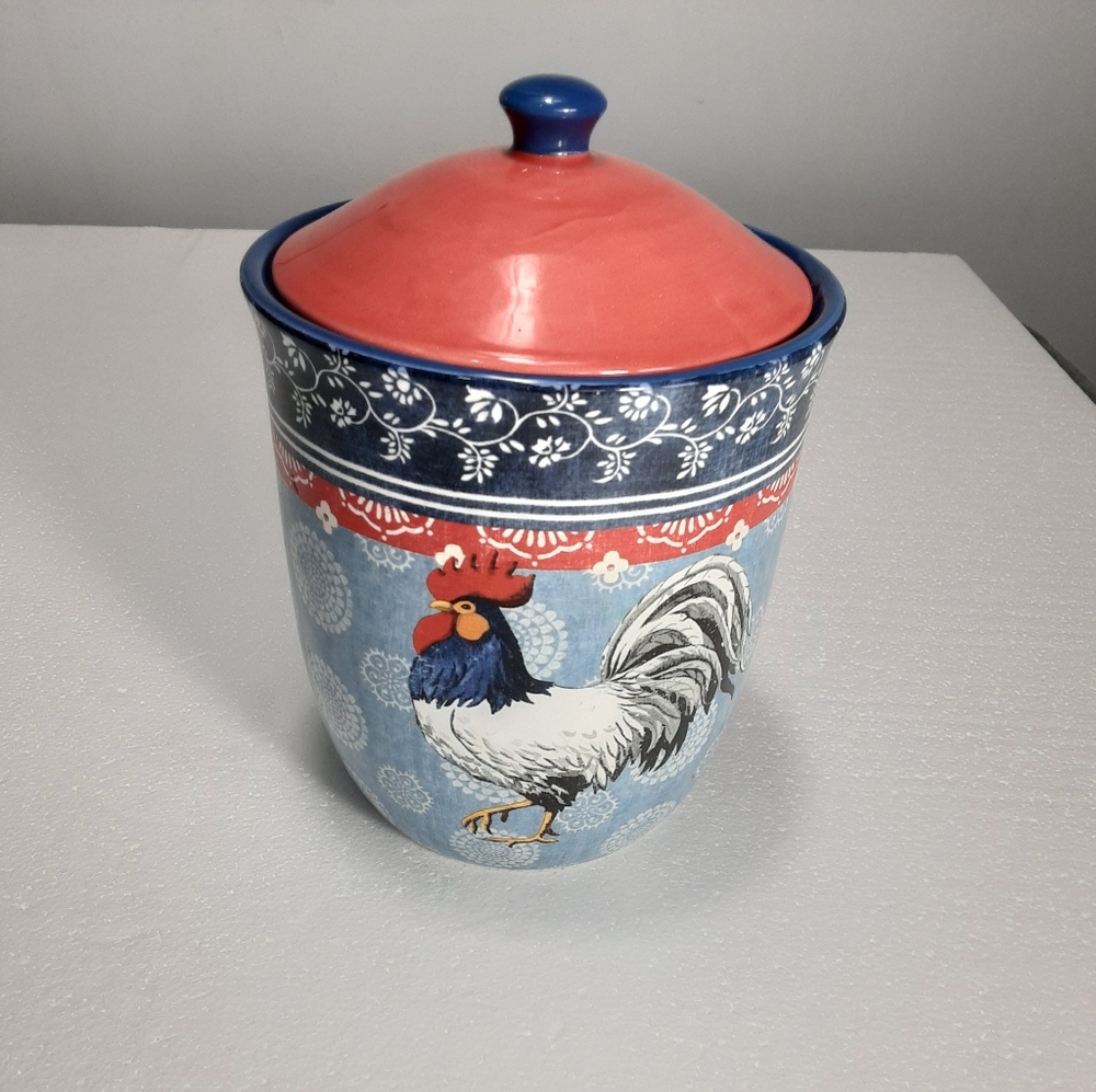 Certified International Blue and Red Rooster Canister Spring
